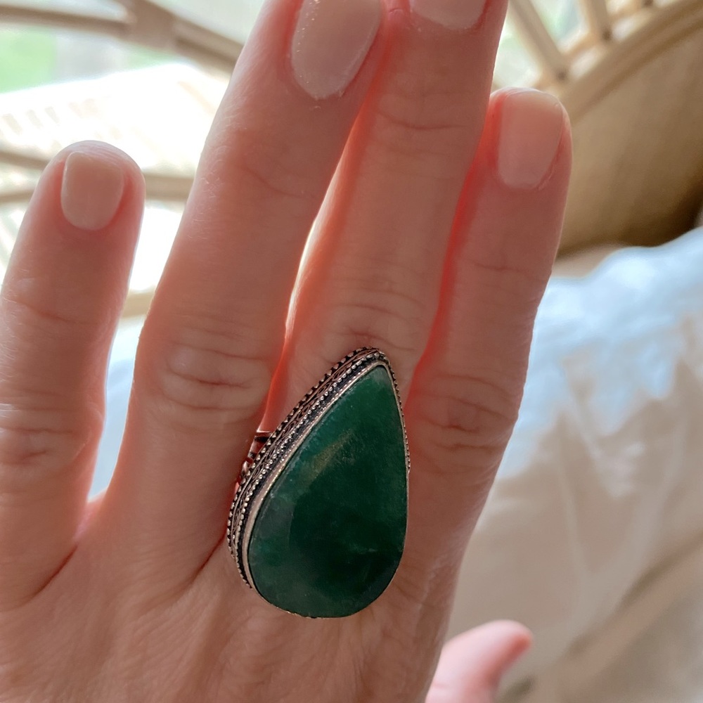 Green Emerald Stone Silver Antique Ring size 8